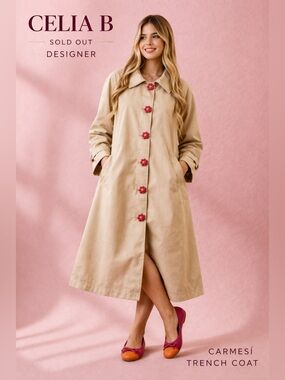 Celia B Carmesí Trench Coat Floral Button Detail Size Small